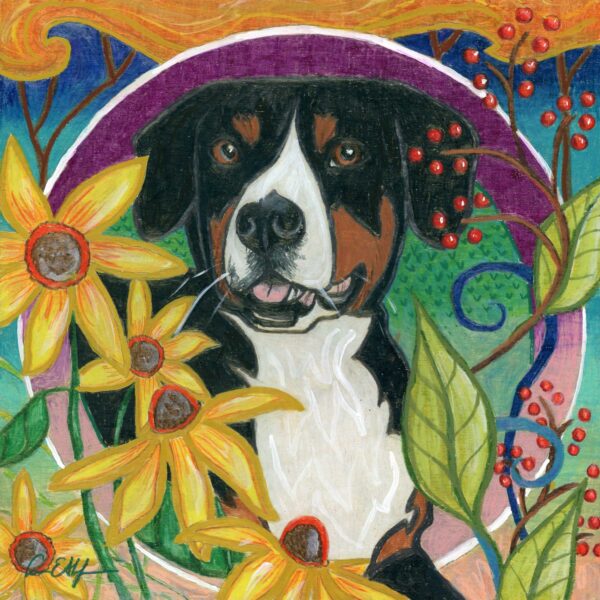 "Ciwi in the Garden", 12" x 12", mixed media 