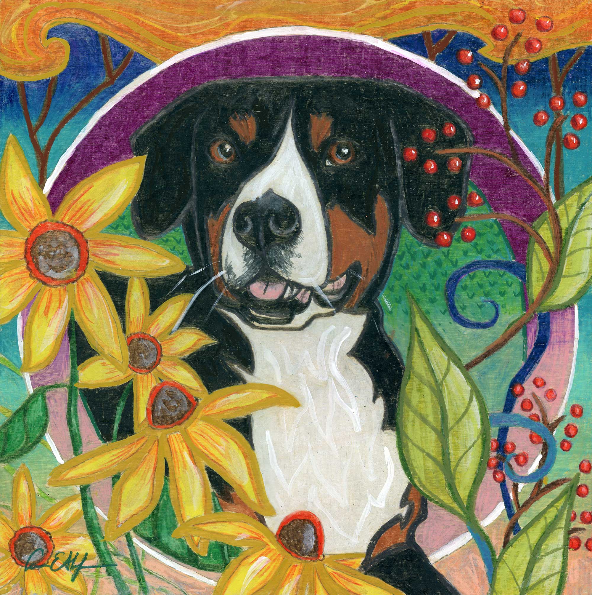 "Ciwi in the Garden", 12" x 12", mixed media
