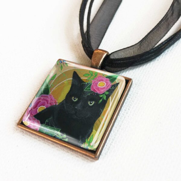 Black Cat in Camellias - Pendant