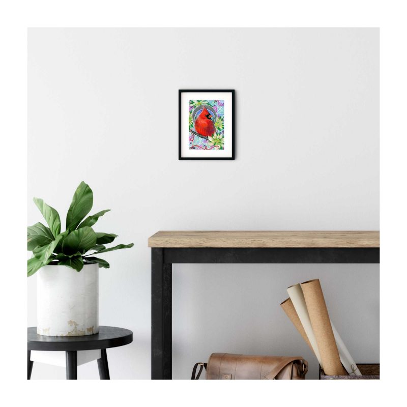 Cardinal in White Poinsettias - Art Print - Image 3