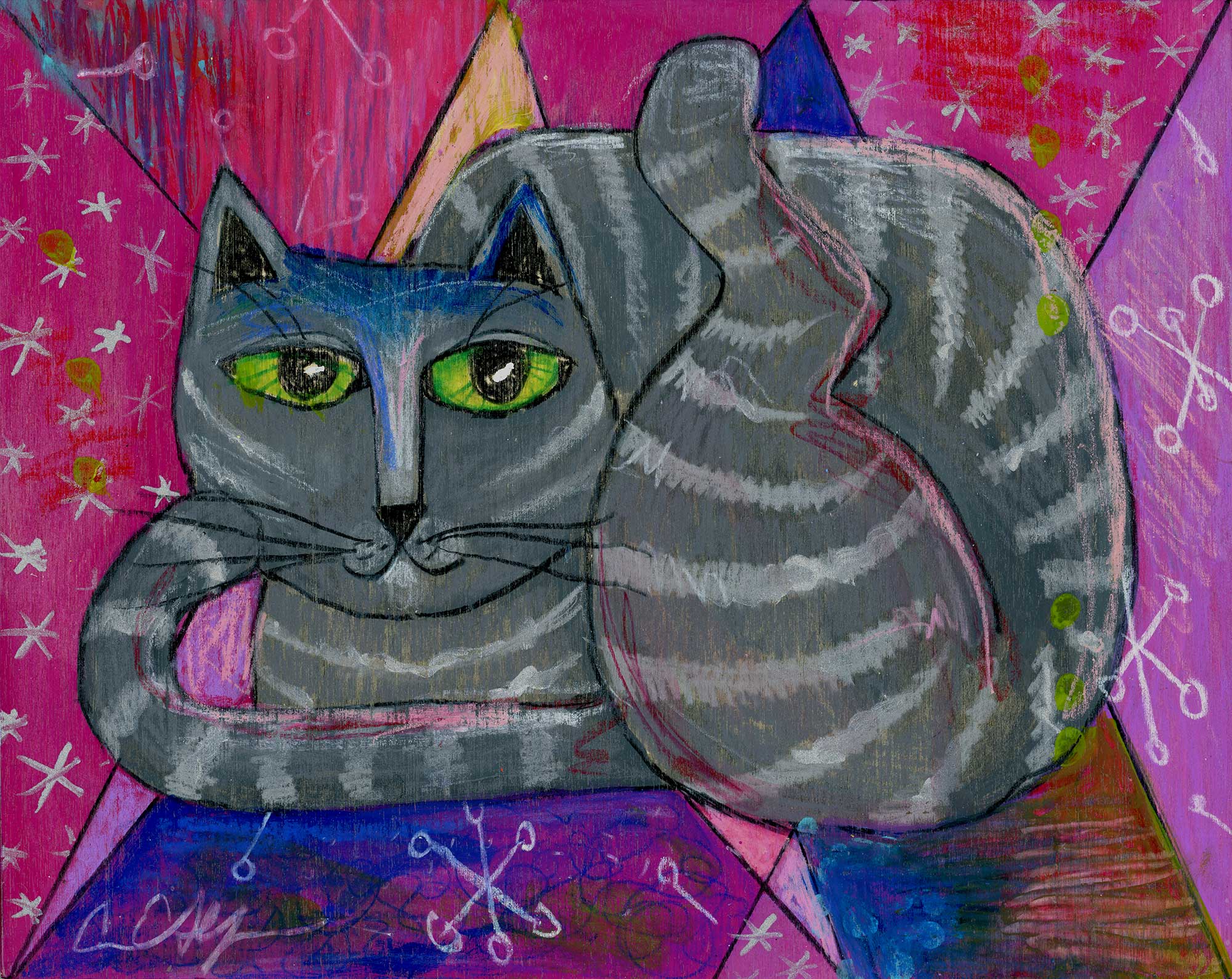 "Disco Cat", 8" x 10", mixed media 
