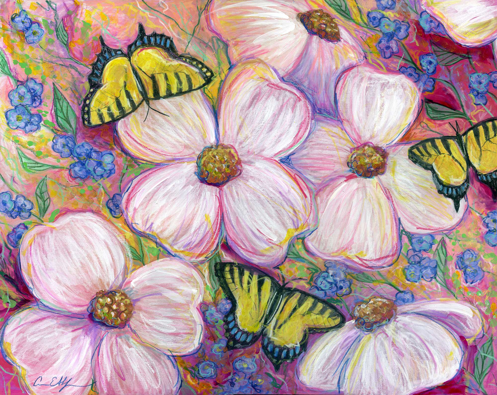 "Dogwoods and Swallowtails", 16" x 20", mixed media
