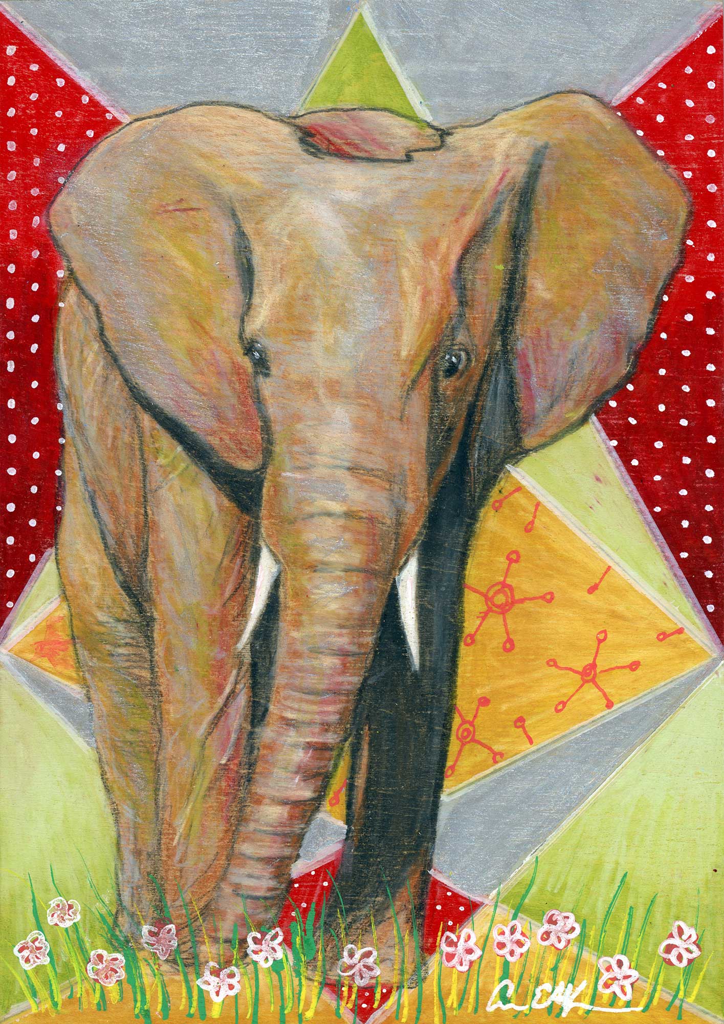 "Elephant in Flowers", 5" x 7", mixed media
