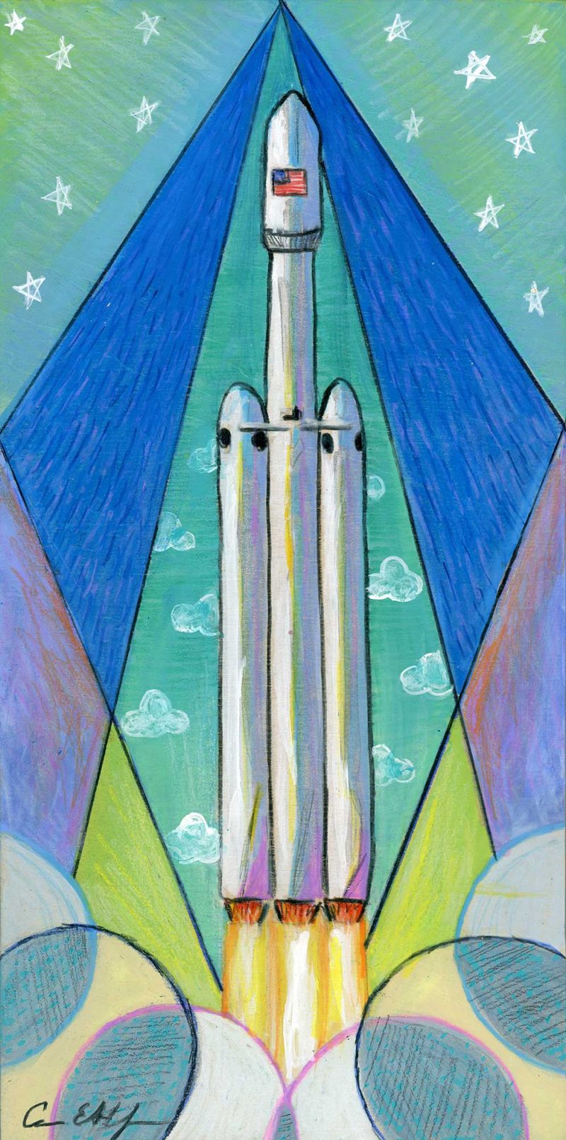 "Falcon Heavy #1", 6" x 12", mixed media