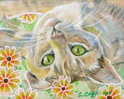 SOLD - "Green Eyes", 7" x 5", mixed media