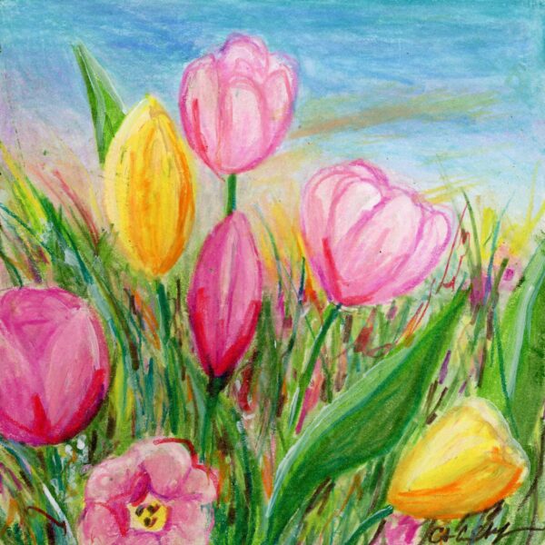 "Happy Tulips", 6" x 6", mixed media 
