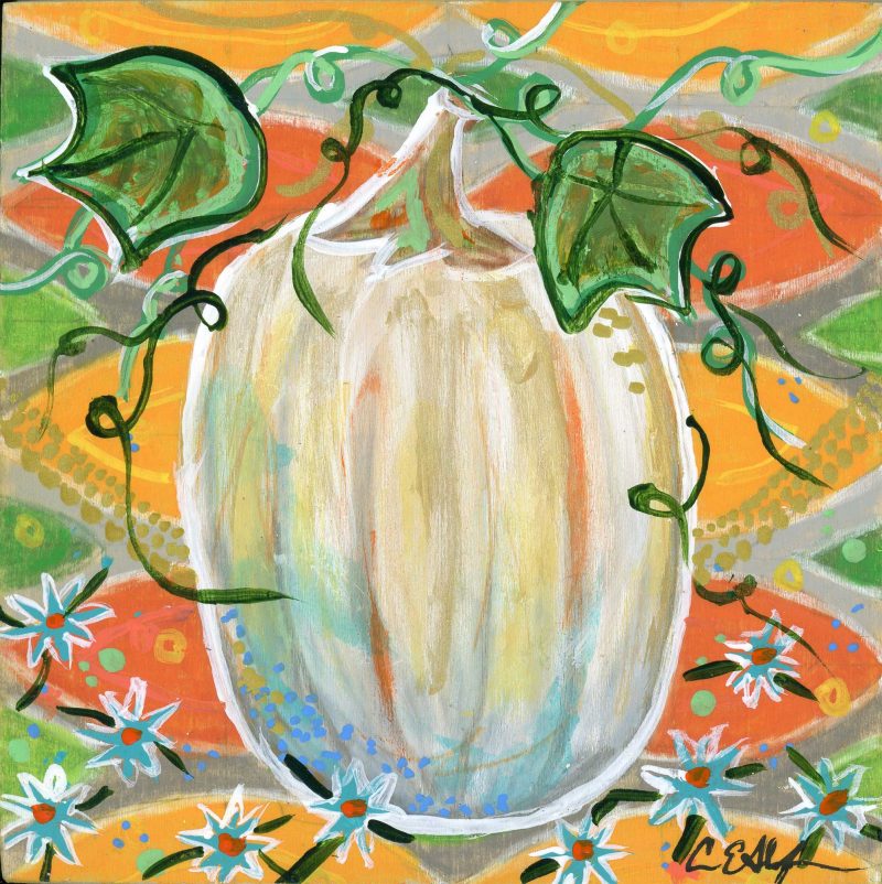 "Little White Pumpkin", 4" x 4", mixed media