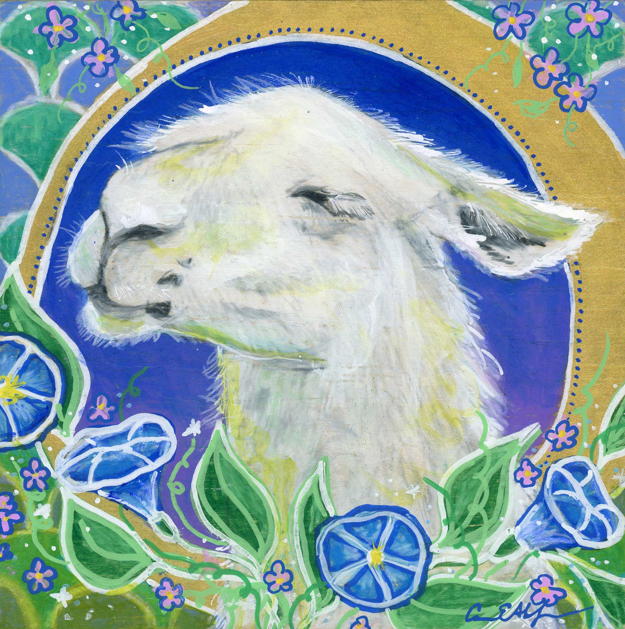 "Llama in Morning Glories", 6" x 6", mixed media
