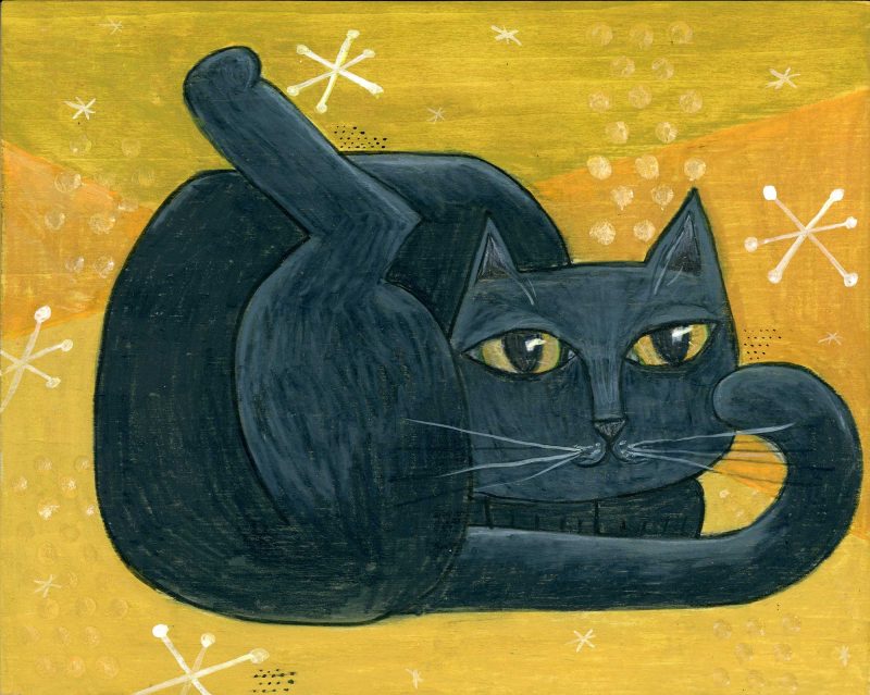 SOLD - "Mod Cat on Mustard", 8" x 10", mixed media