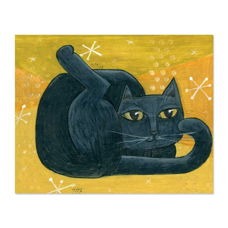 Mod Black Cat on Mustard - Art Print - Image 2