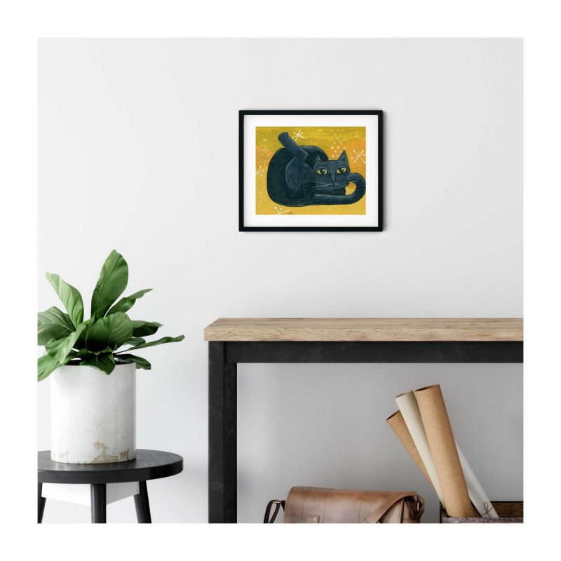 Mod Black Cat on Mustard - Art Print - Image 3