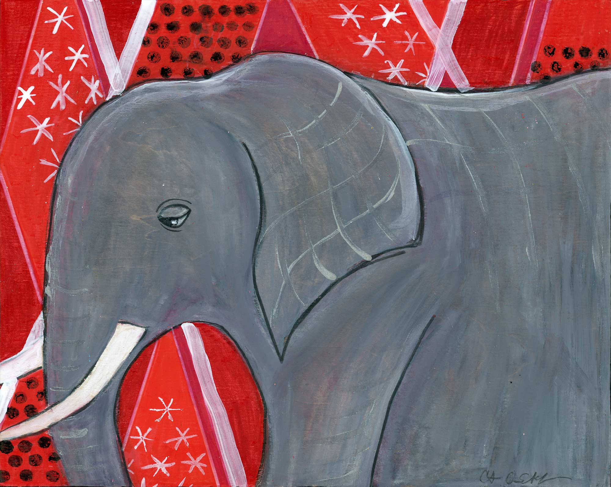 "Mod Elephant on Red", 8" x 10", mixed media
