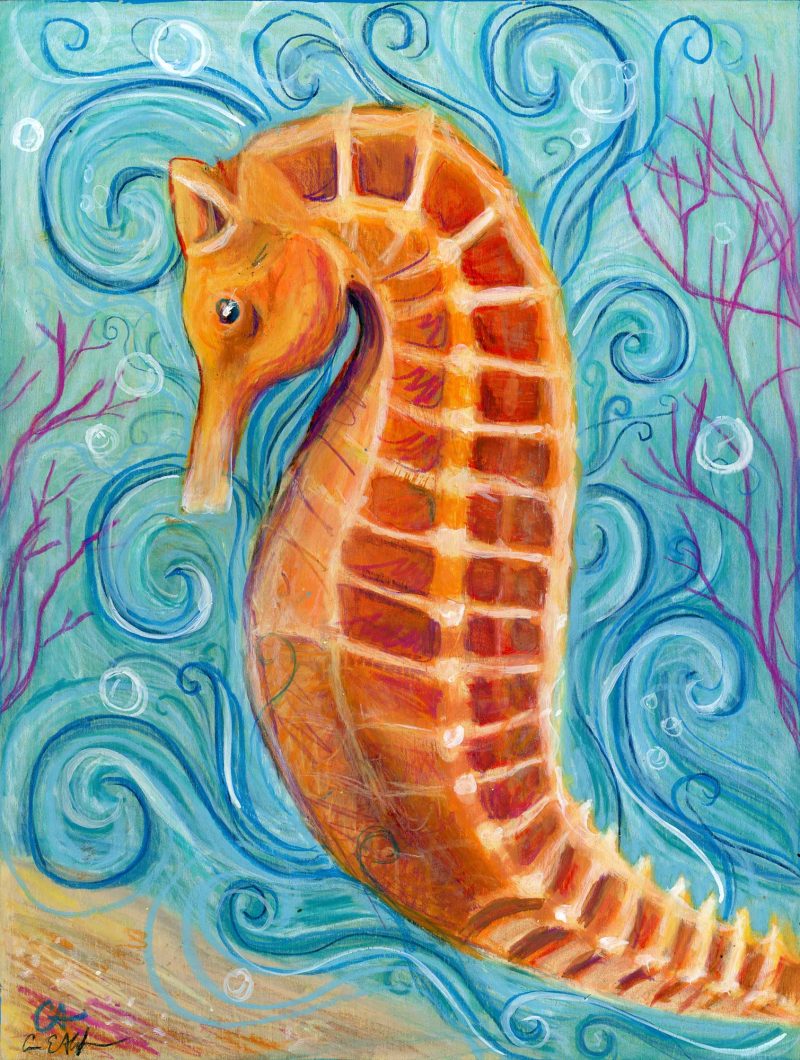 SOLD - "Orange Seahorse", 9" x 12", mixed media