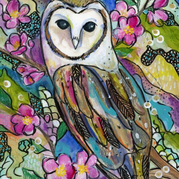 Owl and Cherry Blossoms, 8" x 10", mixed media