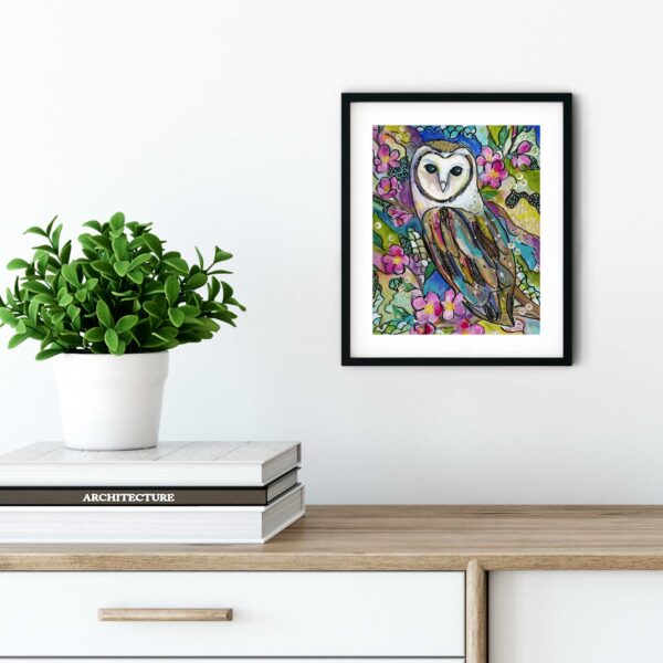 Owl and Cherry Blossoms, 8" x 10", mixed media