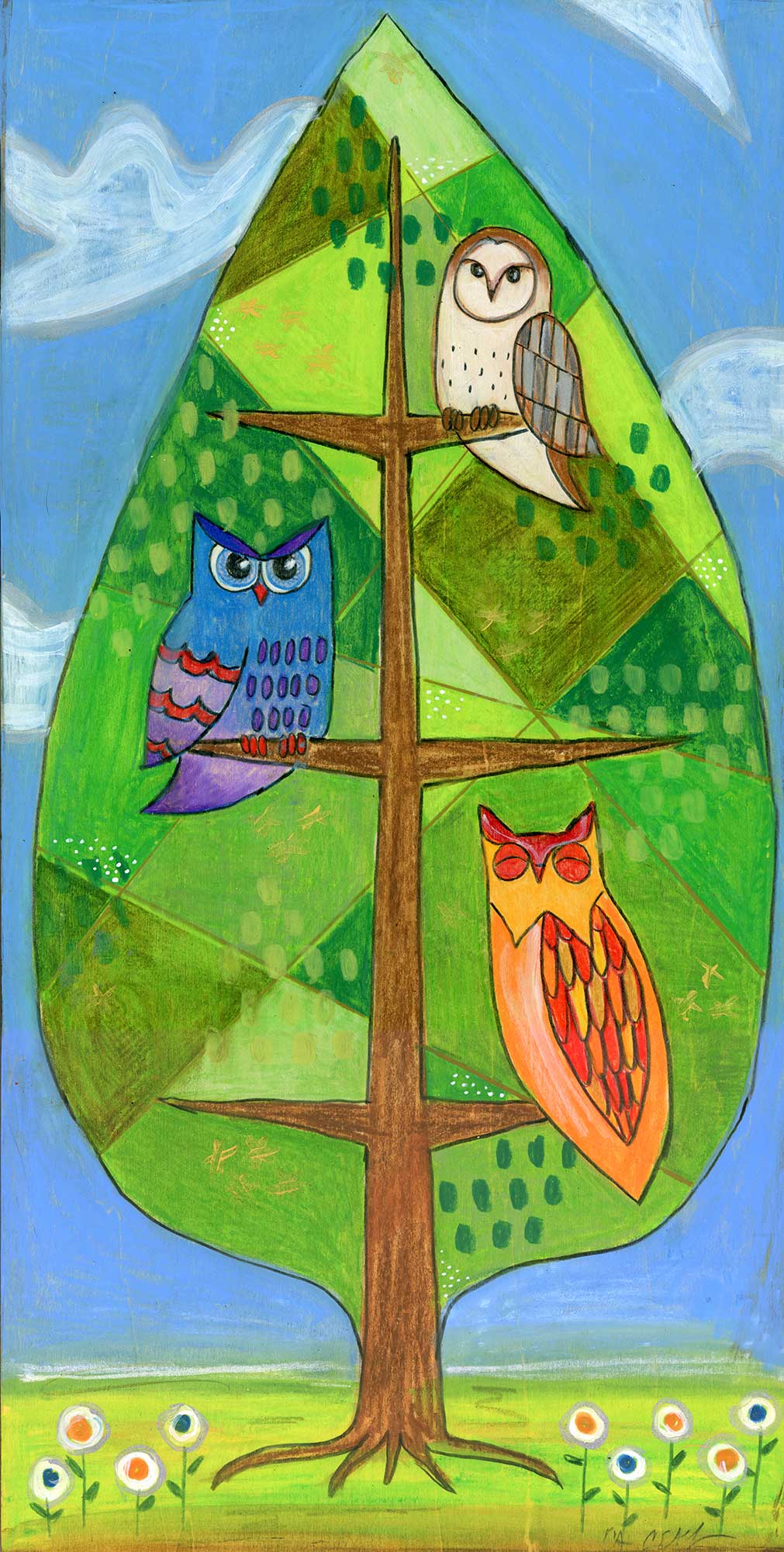 "Owl Tree", 10" x 20", mixed media
