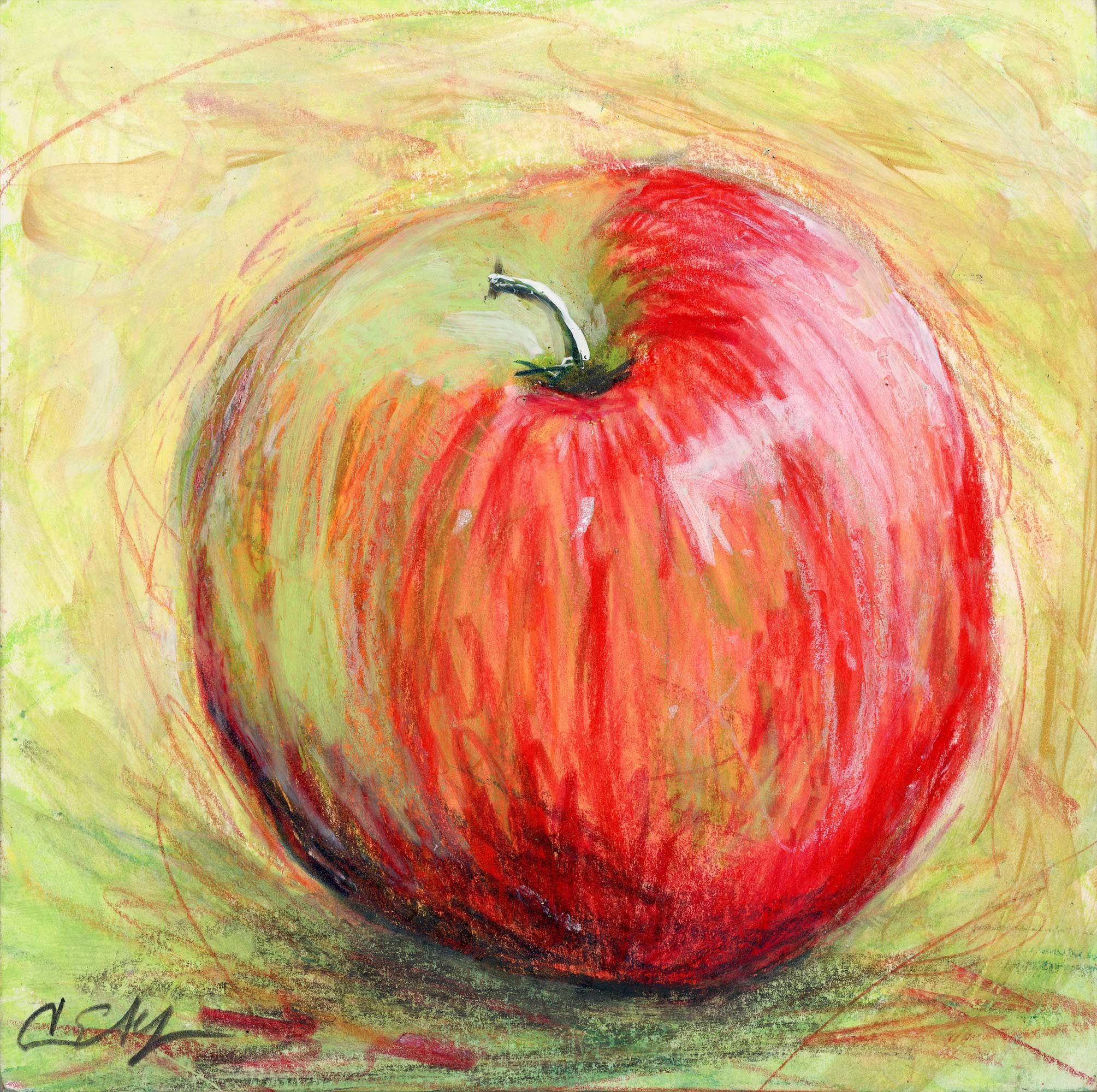 "Red Apple", 6" x 6", mixed media
