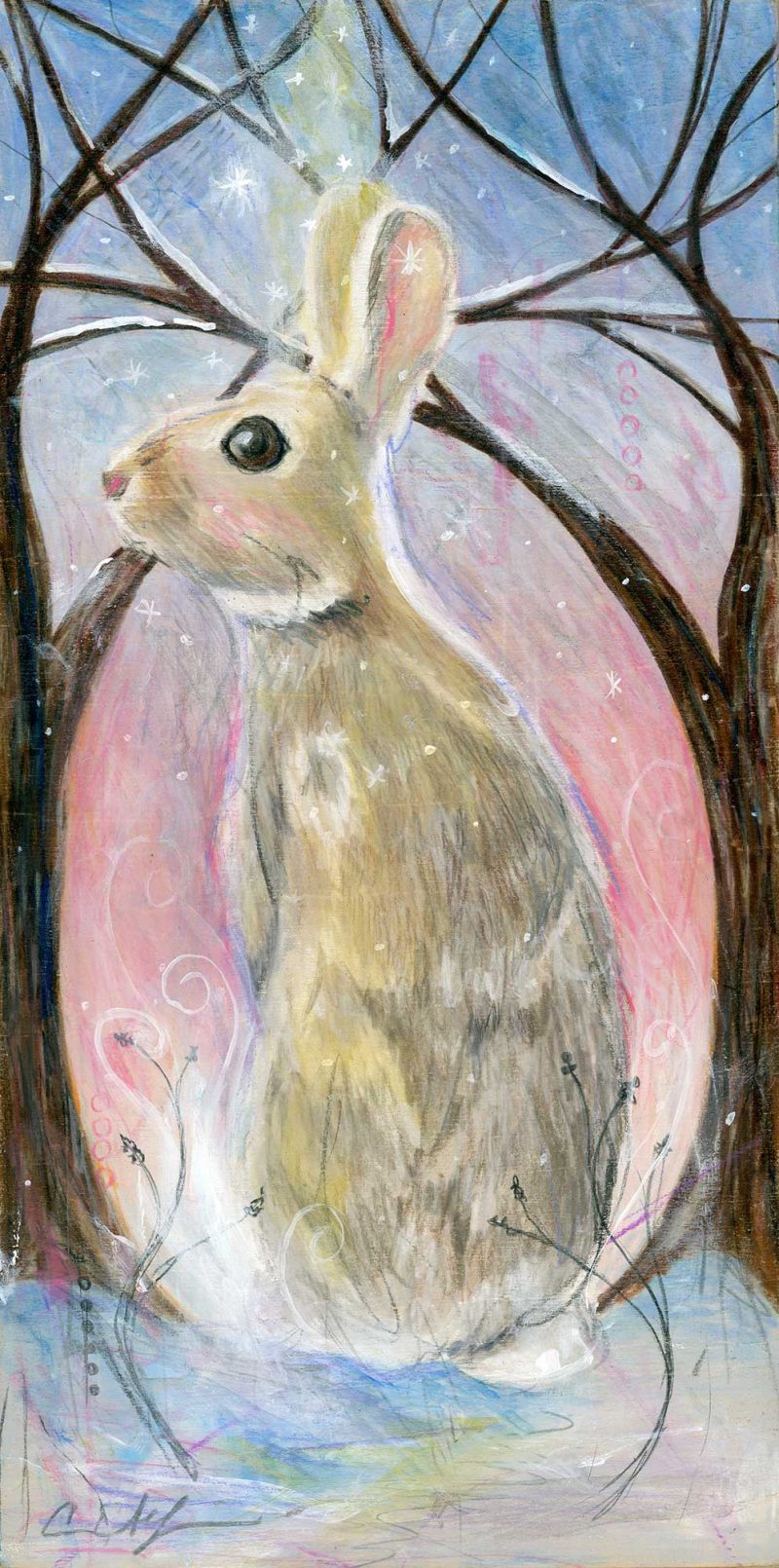 SOLD - "Snow Bunny", 6" x 12", mixed media