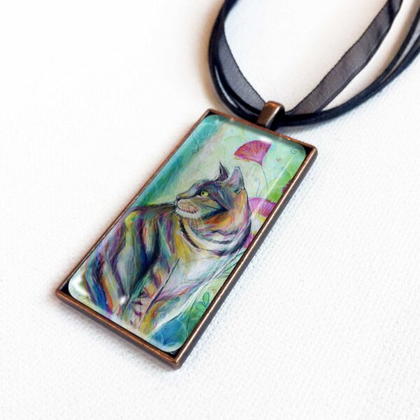 Tabby Cat and Pink Flowers - Pendant