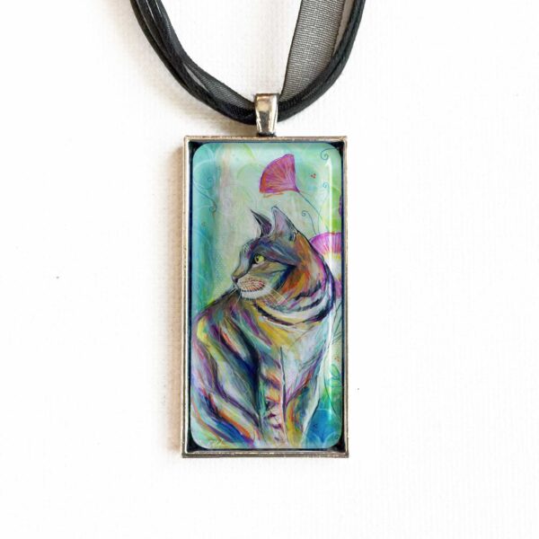 Tabby Cat and Pink Flowers - Pendant