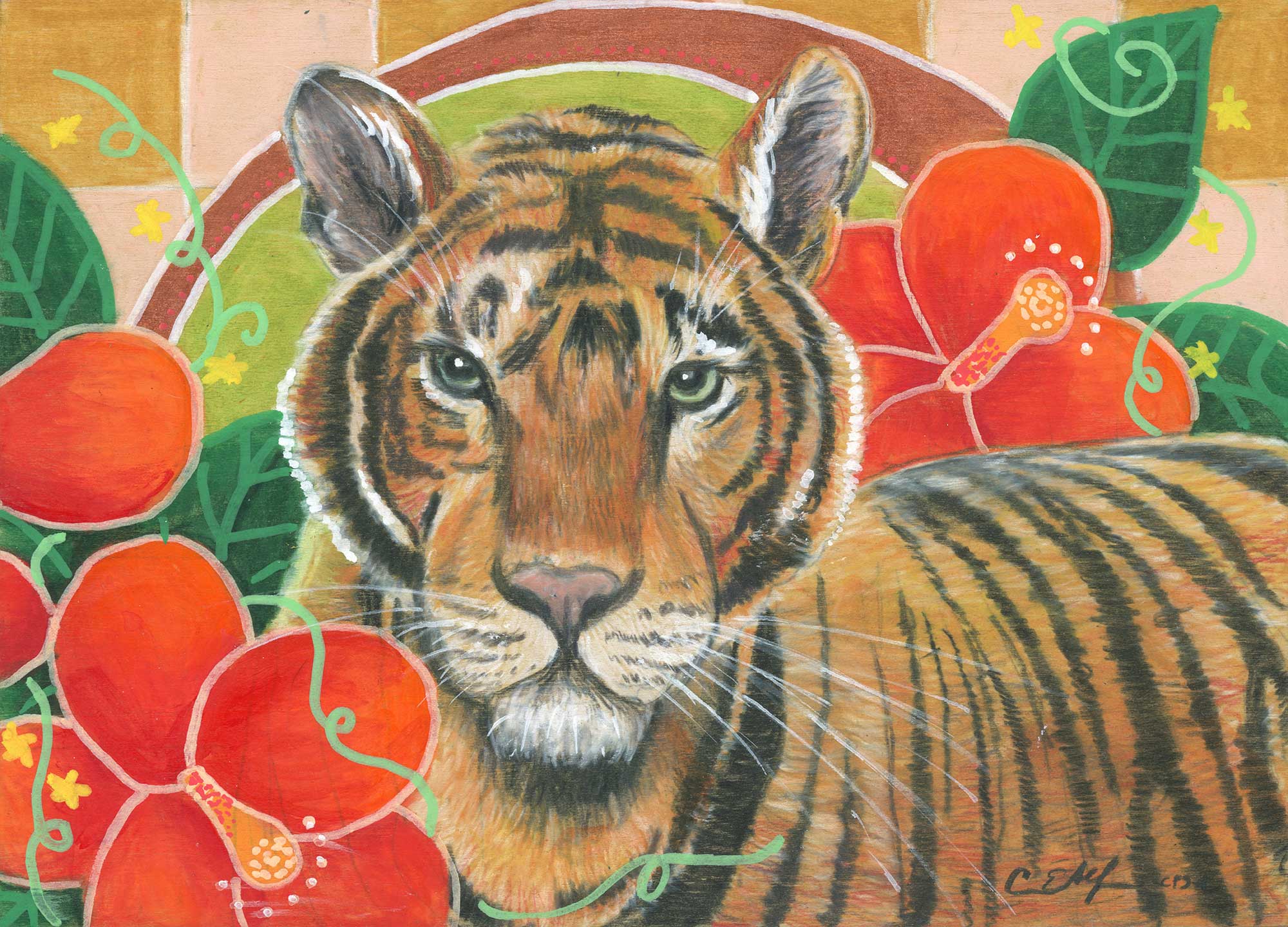 "Tiger in Hibiscus", 5" x 7", mixed media
