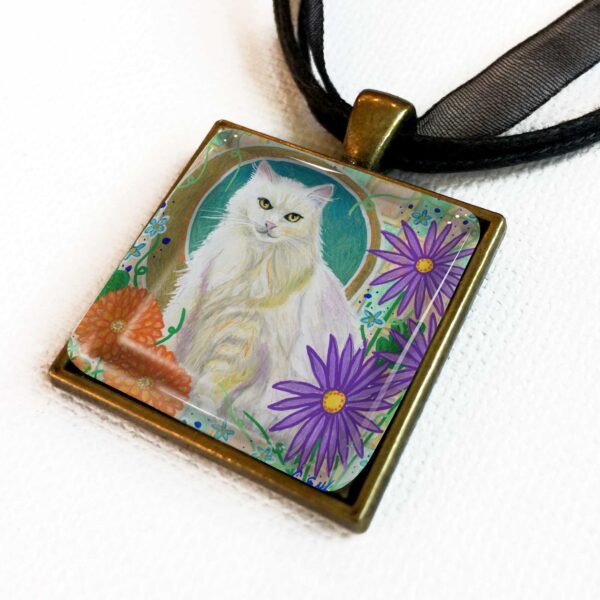White Cat in Mums - Pendant