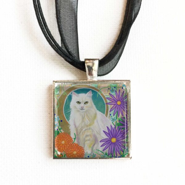 White Cat in Mums - Pendant