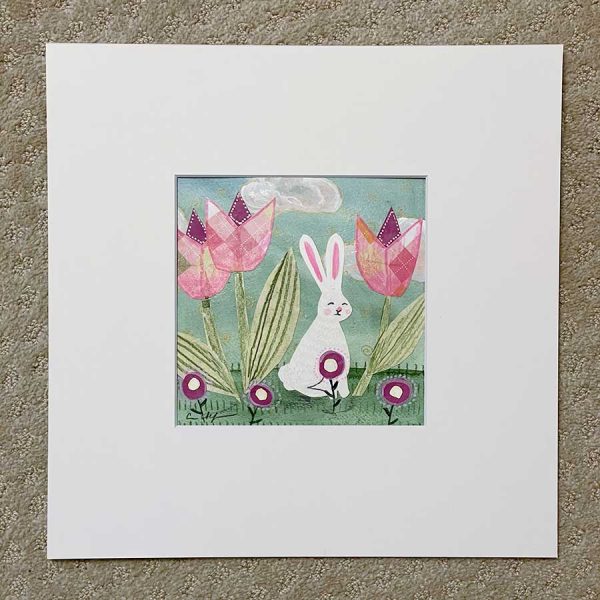 Bunny and Tulips, 6" x 6", mixed media