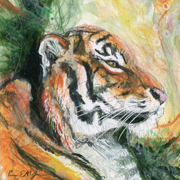 Proud Tiger, 4" x 4", mixed media