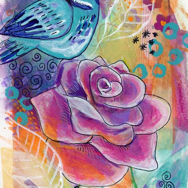 Bird on Rose, 5" x 7", mixed media