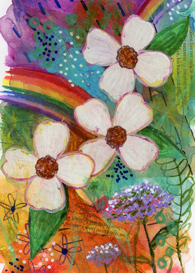 Dogwoods and Rainbows, 5" x 7", mixed media