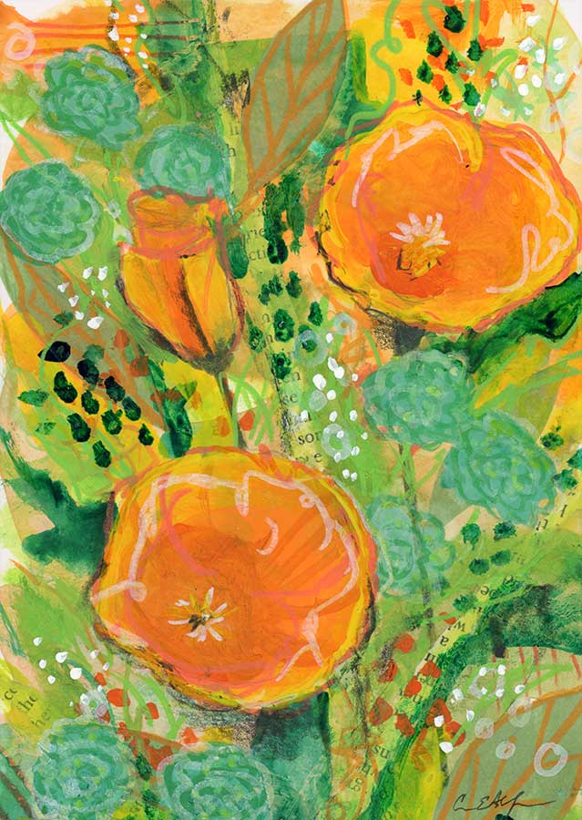 SOLD - Orange Poppies, 5" x 7", mixed media