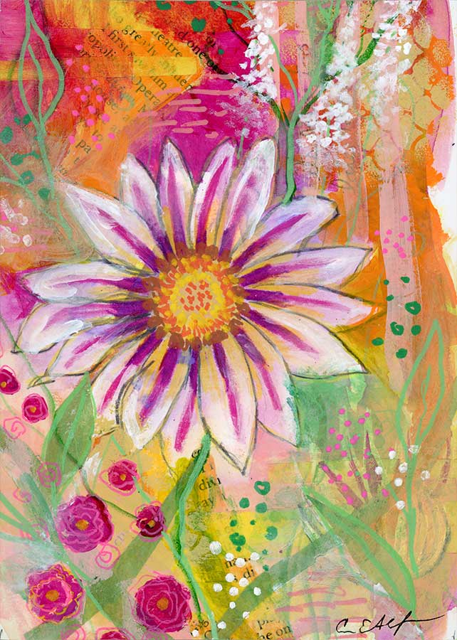SOLD - Pink Stripes, 5" x 7", mixed media
