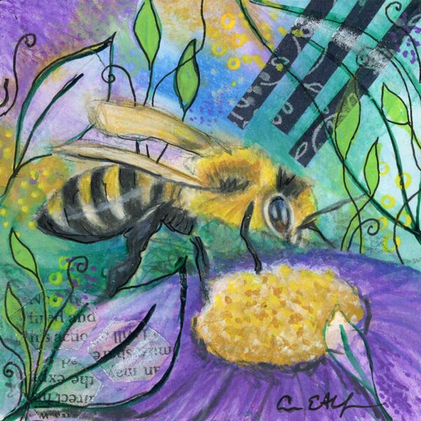 Busy Bee, 4" x 4", mixed media