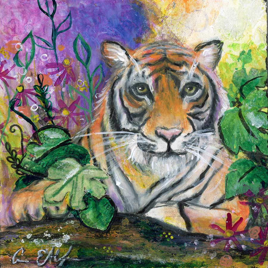 Resting Tiger, 4" x 4", mixed media