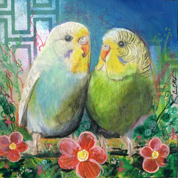 Parakeets, 6" x 6", mixed media