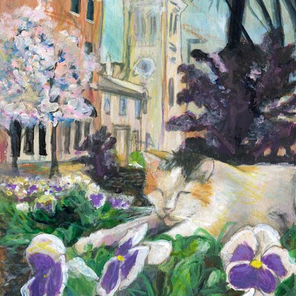 Calico Cat on Randolph Ave, 5" x 7", mixed media