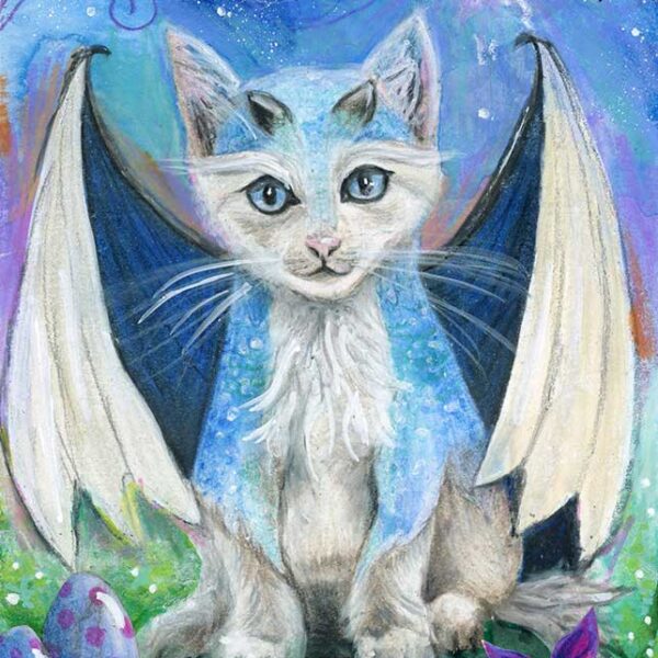 Mystical Cat Dragon, 5" x 7", mixed media