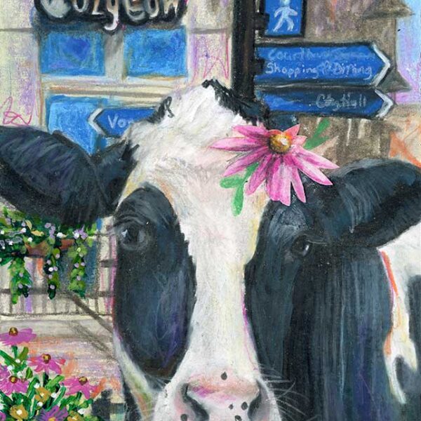 The Cozy Cow, 5" x 7", mixed media