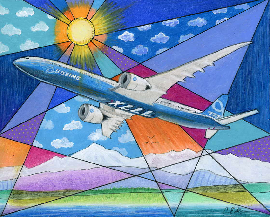 SOLD - Boeing 777, 10" x 8", mixed media