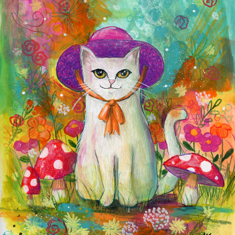 Cat in Mushrooms, 7.5" x 7.5", mixed media
