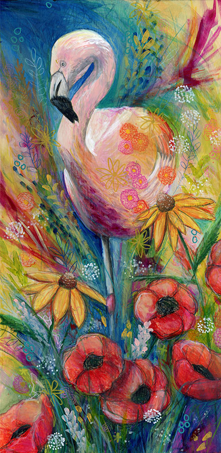 Flamingo in Flowers, 12" x 24", mixed media