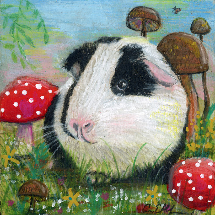 Guinea Pig and Mushrooms, 4" x 4", mixed media