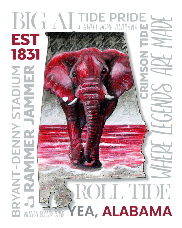 Roll Tide, 8" x 10", mixed media