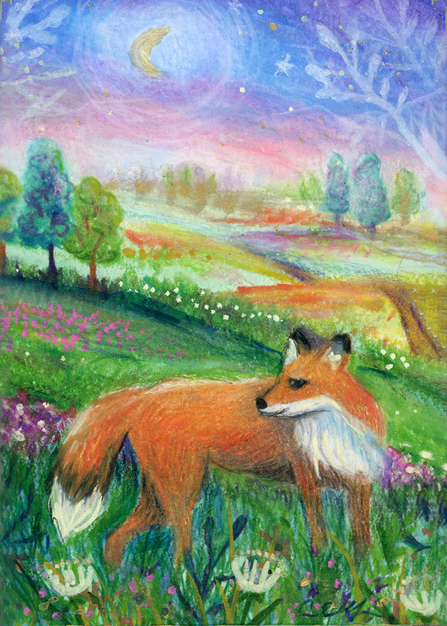 Twilight Fox, 4" x 6", mixed media