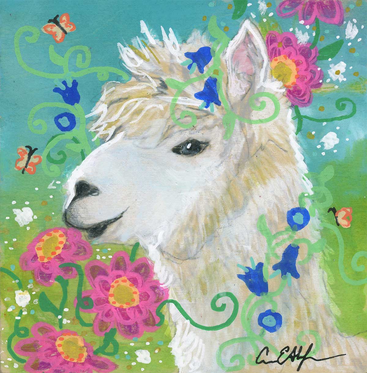 SOLD - "Llama and Pink Flowers", 4" x 4", mixed media