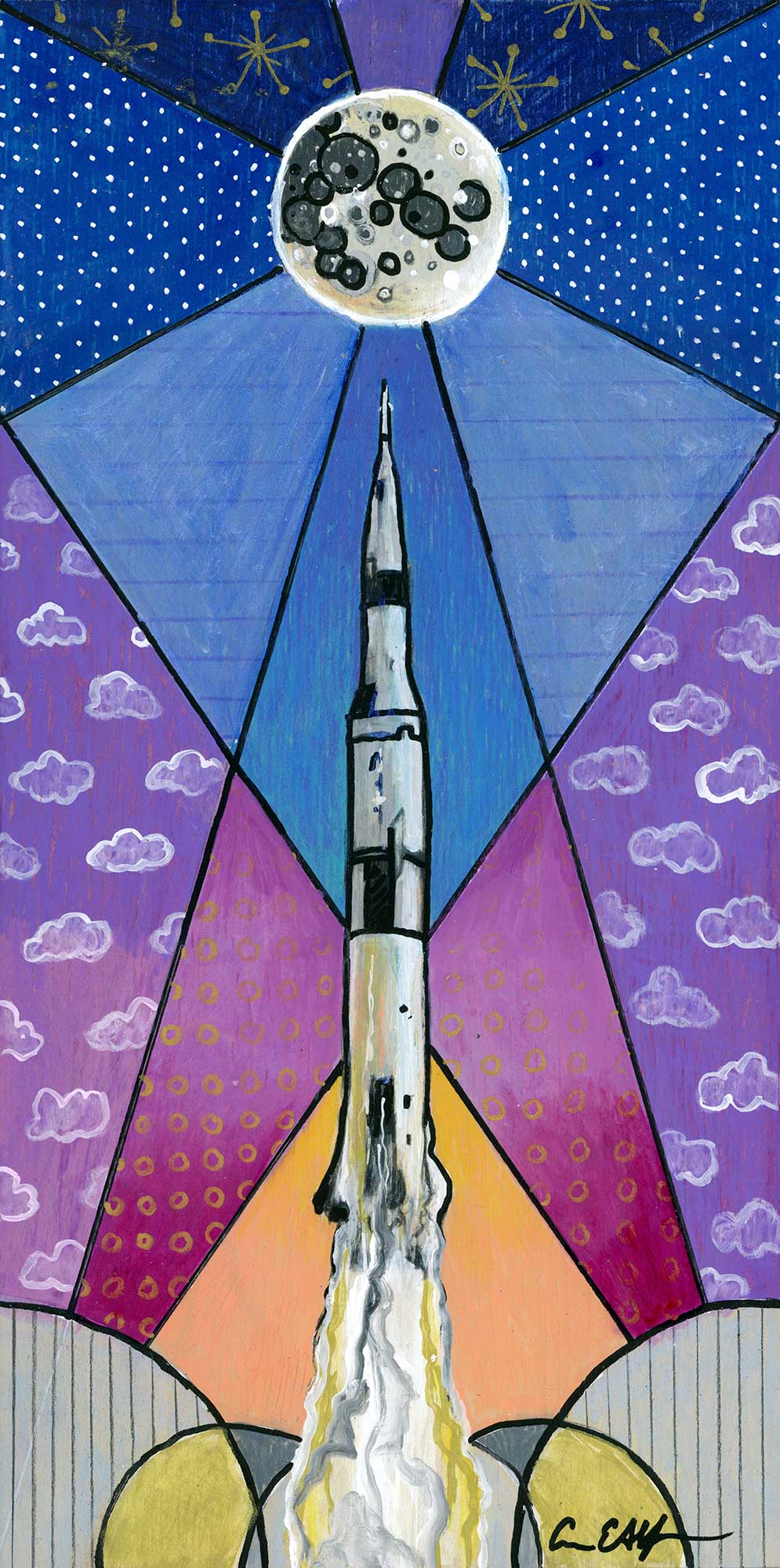 SOLD - "Apollo 11 Launch", 6" x 12", mixed media