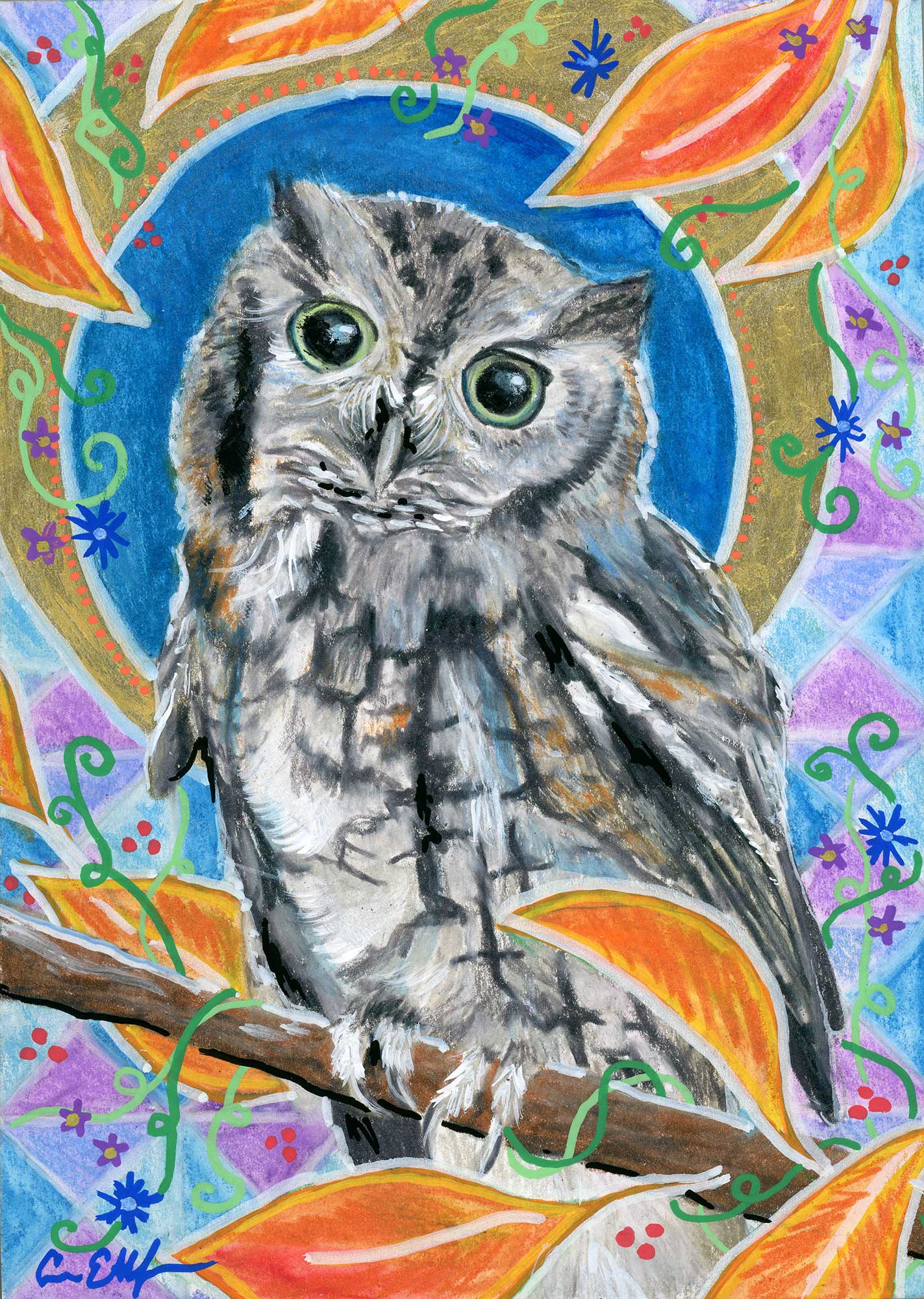SOLD - "Autumn Screech Owl", 5" x 7", mixed media