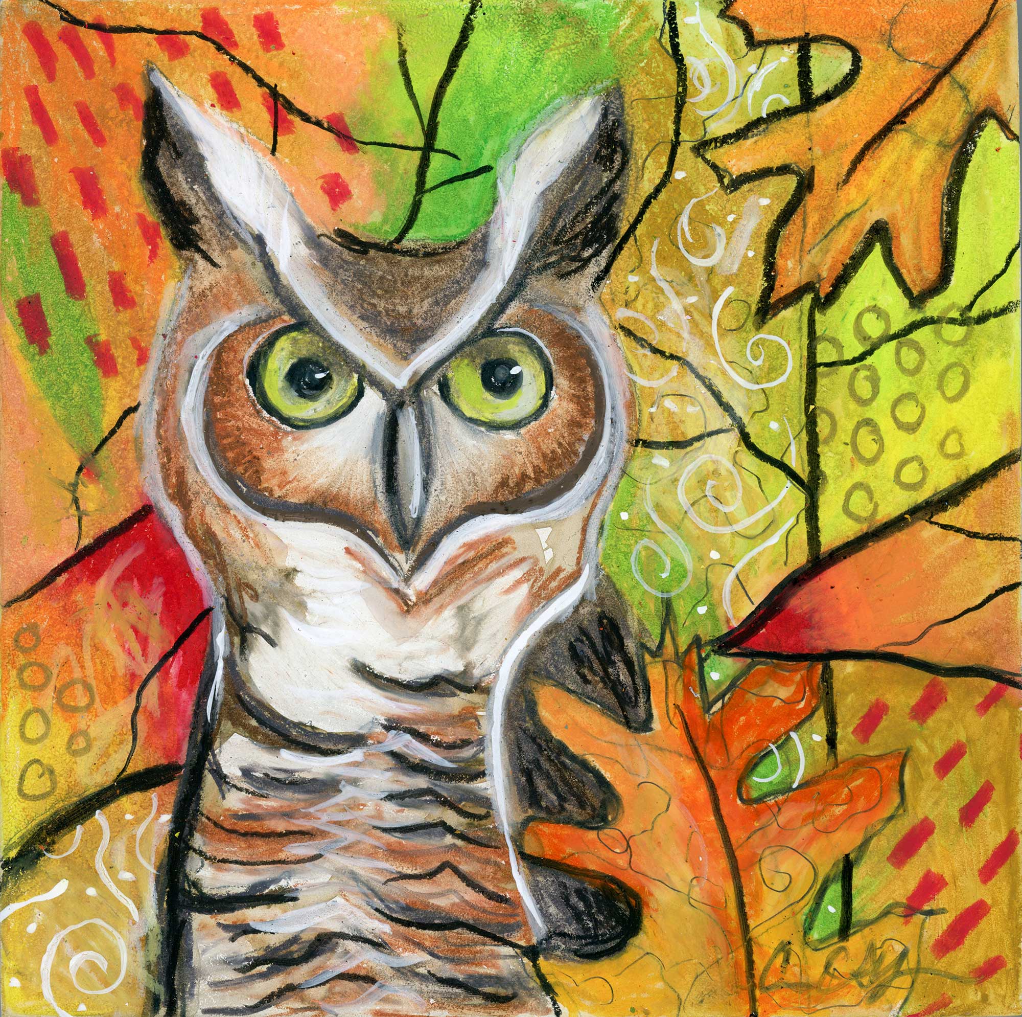 SOLD - "Autumn Owl", 6" x 6", mixed media