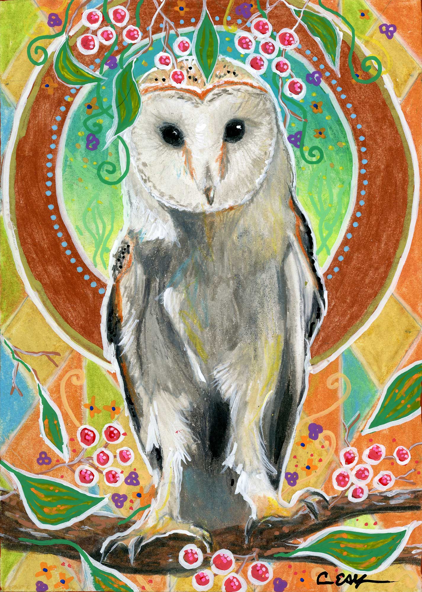 SOLD - "Barn Owl and Berries", 5" x 7", mixed media